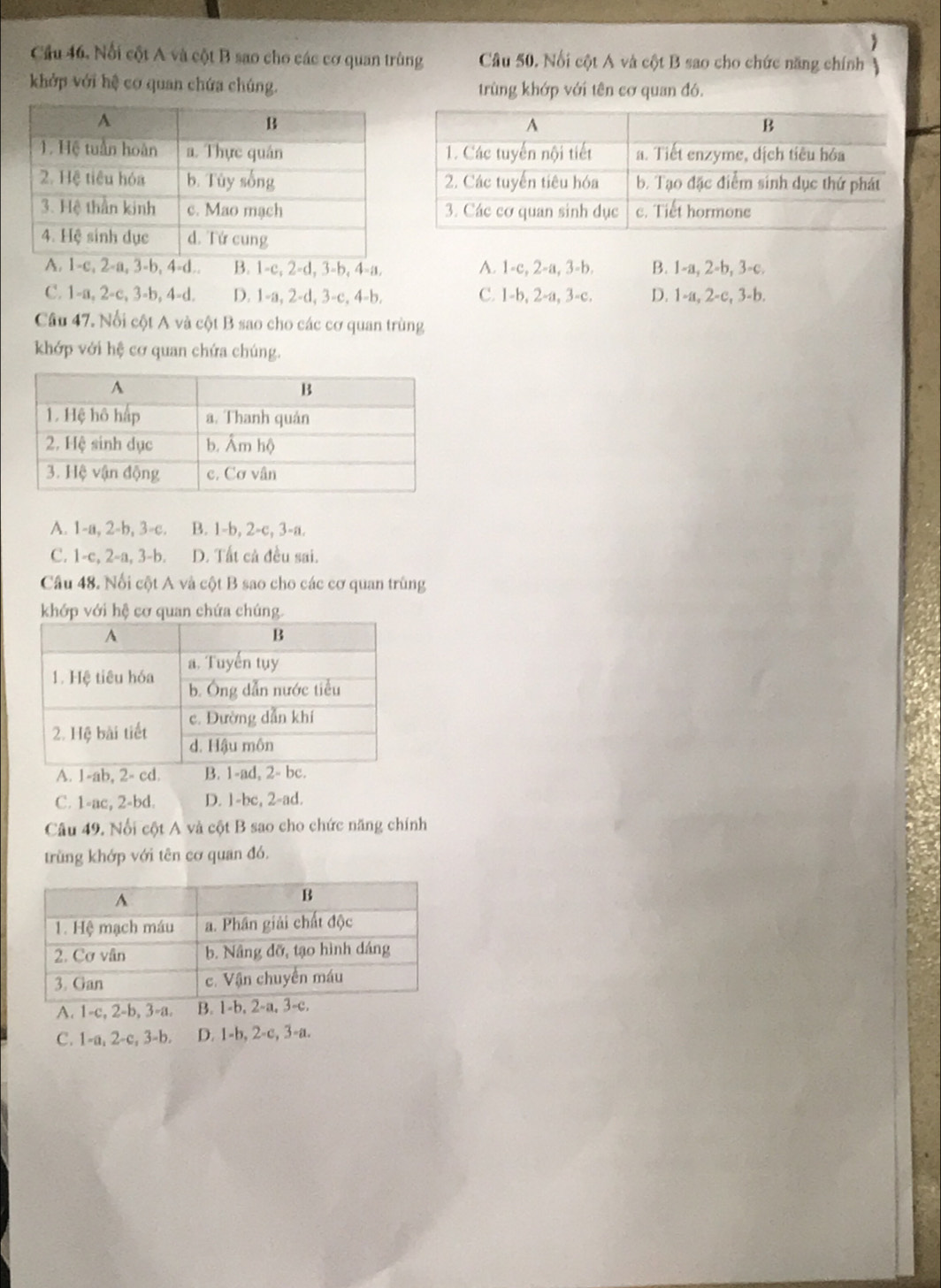 Cầu 46. Nổi cột A và cột B sao cho các cơ quan trùng Câu 50. Nổi cột A và cột B sao cho chức năng chính A
khởớp với hệ cơ quan chứa chúng. trùng khớp với tên cơ quan đó.
A. 1 -c, 2-a, 3-b, 4 -d.. B. 1-c, 2-d, 3-b, 4 -a. A. 1 -c, 2-a, 3 -b. B. 1-a, 2-b, 3-c.
C. 1-a, 2-c, 3-b, 4-d. D. 1-a, 2-d, 3-c, 4 -b. C. 1-b, 2-a, 3 -c. D. 1-a, 2-c, 3-b.
Câu 47. Nổi cột A và cột B sao cho các cơ quan trùng
khớp với hệ cơ quan chứa chúng.
A. 1-a, 2-b, 3-c. B. 1-b, 2-c, 3-a.
C. 1-c, 2-a, 3-b. D. Tất cả đều sai.
Câu 48. Nổi cột A và cột B sao cho các cơ quan trùng
khớp với hệ cơ quan chứa chúng.
A. 1-ab, 2- cd.
C. 1-ac, 2-bd. D. 1-bc, 2-ad.
Câu 49. Nổi cột A và cột B sao cho chức năng chính
trùng khớp với tên cơ quan đó.
A. 1-c, 2-b, 3-a. B. 1-b, 2-a, 3-c
C. 1-a, 2-c, 3-b. D. 1-b, 2-c, 3-a.