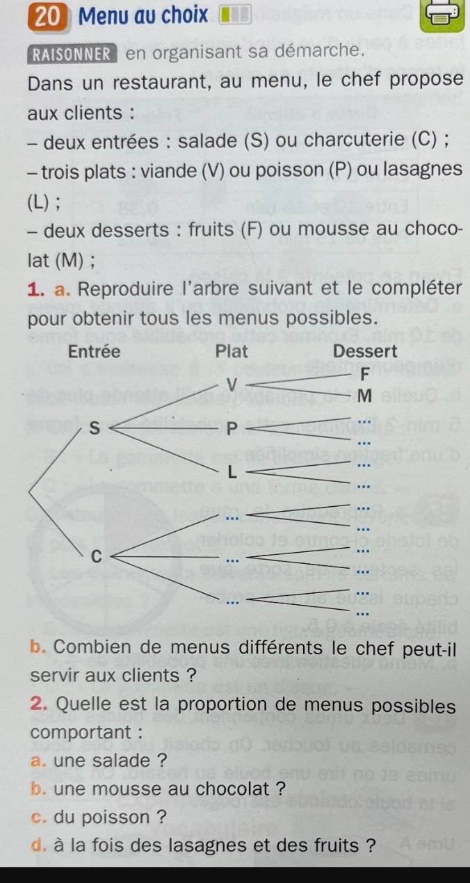 Menu au choix 
RAISONNER en organisant sa démarche. 
Dans un restaurant, au menu, le chef propose 
aux clients : 
- deux entrées : salade (S) ou charcuterie (C) ; 
- trois plats : viande (V) ou poisson (P) ou lasagnes 
(L); 
- deux desserts : fruits (F) ou mousse au choco- 
lat (M); 
1. a. Reproduire l'arbre suivant et le compléter 
pour obtenir tous les menus possibles. 
b. Combien de menus différents le chef peut-il 
servir aux clients ? 
2. Quelle est la proportion de menus possibles 
comportant : 
a. une salade ? 
b. une mousse au chocolat ? 
c. du poisson ? 
d à la fois des lasagnes et des fruits ?