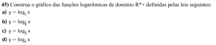 Construa o gráfico das funções logarítmicas de domínio R^*+ definidas pelas leis seguintes: 
a) y=log _3x
b) y=log _ 1/4 x
c) y=log _ 1/3 x
d) y=log _4x