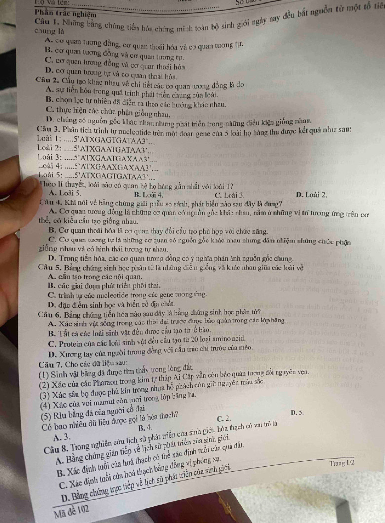 Họ và tên: Số bão
Phần trắc nghiệm
Câu 1. Những bằng chứng tiến hóa chứng minh toàn bộ sinh giới ngày nay đều bắt nguồn từ một tổ tiể
chung là
A. cơ quan tương đồng, cơ quan thoái hóa và cơ quan tương tự.
B. cơ quan tương đồng và cơ quan tương tự-
C. cơ quan tương đồng và cơ quan thoái hóa.
D. cơ quan tương tự và cơ quan thoái hóa.
Cầu 2. Cấu tạo khác nhau về chi tiết các cơ quan tương đồng là do
A. sự tiến hóa trong quá trình phát triển chung của loài.
B. chọn lọc tự nhiên đã diễn ra theo các hướng khác nhau.
C. thực hiện các chức phận giống nhau,
D. chúng có nguồn gốc khác nhau nhưng phát triển trong những điều kiện giống nhau.
Câu 3. Phân tích trình tự nucleotide trên một đoạn gene của 5 loài họ hàng thu được kết quả như sau:
Loài 1:.....5’ATXGAGTGATAA3’....
Loài 2: .....5’ATXGAATGATAA3’....
Loài 3: .....5’ATXGAATGAXAA3’....
Loài 4: .....5’ATXGAAXGAXAA3’....
Loài 5: ..... 5' ATXGAGTGATAA3’....
Theo lí thuyết, loài nào có quan hệ họ hàng gần nhất với loài 1?
A. Loài 5. B. Loài 4. C. Loài 3. D. Loài 2.
Câu 4. Khi nói về bằng chứng giải phẫu so sánh, phát biểu nào sau đây là đúng?
A. Cơ quan tương đồng là những cơ quan có nguồn gốc khác nhau, nằm ở những vị trí tương ứng trên cơ
thể, có kiểu cấu tạo giống nhau.
B. Cơ quan thoái hóa là cơ quan thay đổi cầu tạo phù hợp với chức năng.
C. Cơ quan tương tự là những cơ quan có nguồn gốc khác nhau nhưng đâm nhiệm những chức phận
giống nhau và có hình thái tương tự nhau.
D. Trong tiến hóa, các cơ quan tương đồng có ý nghĩa phản ánh nguồn gốc chung.
Câu 5. Bằng chứng sinh học phân tử là những điểm giống và khác nhau giữa các loài về
A. cấu tạo trong các nội quan.
B. các giai đoạn phát triển phối thai.
C. trình tự các nucleotide trong các gene tương ứng.
D. đặc điểm sinh học và biến cố địa chất.
Câu 6. Bằng chứng tiến hóa nào sau dây là bằng chứng sinh học phân tử?
A. Xác sinh vật sống trong các thời đại trước được bảo quản trong các lớp băng.
B. Tất cả các loài sinh vật đều được cấu tạo từ tế bảo.
C. Protein của các loài sinh vật đều cấu tạo từ 20 loại amino acid.
D. Xương tay của người tương đồng với cấu trúc chi trước của mèo.
Câu 7. Cho các dữ liệu sau:
(1) Sinh vật bằng đá được tìm thấy trong lòng đất.
(2) Xác của các Pharaon trong kim tự tháp Ai Cập vẫn còn bảo quản tương đổi nguyên vẹn.
(3) Xác sâu bọ được phủ kín trong nhựa hỗ phách còn giữ nguyên màu sắc.
(4) Xác của voi mamut còn tươi trong lớp băng hà.
(5) Rìu bằng đá của người cổ đại.
Có bao nhiêu dữ liệu được gọi là hóa thạch? C. 2. D. 5.
A. 3. B. 4.
Câu 8. Trong nghiên cứu lịch sử phát triển của sinh giới, hóa thạch có vai trò là
A. Bằng chứng gián tiếp về lịch sử phát triển của sinh giới.
B. Xác định tuổi của hoá thạch có thể xác định tuổi của quả đất.
C. Xác định tuổi của hoá thạch bằng đồng vị phóng xạ.
D. Bằng chứng trực tiếp về lịch sử phát triển của sinh giới.
Trang 1/2
Mã đề 102
