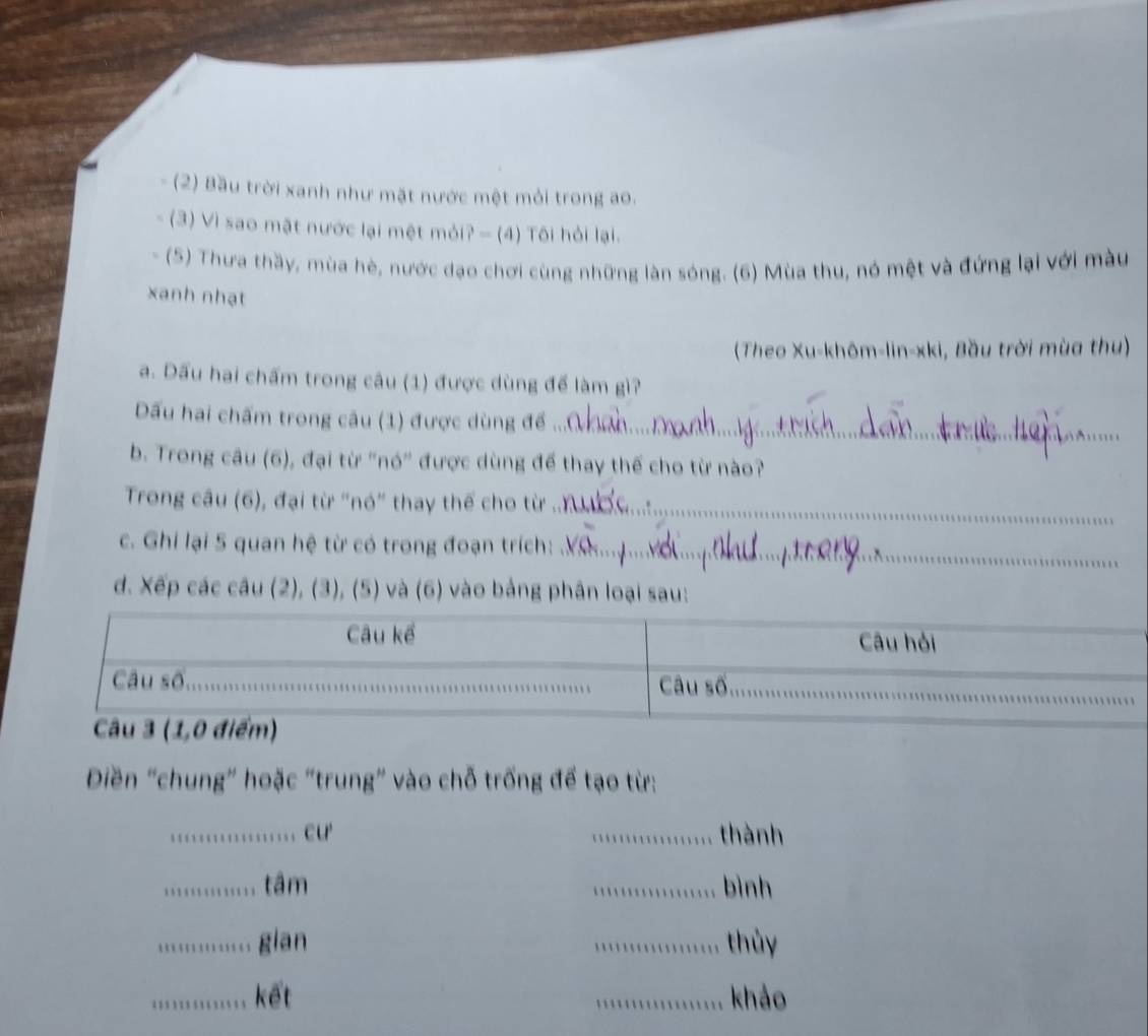 (2) Bầu trời xanh như mặt nước mệt mỏi trong ao. 
(3) Vì sao mặt nước lại mệt mỏi? - (4) Tôi hỏi lại. 
(5) Thưa thầy, mùa hè, nước dạo chơi cùng những làn sóng. (6) Mùa thu, nó mệt và đứng lại với màu 
xanh nhạt 
(Theo Xu-khôm-lin-xki, Bầu trời mùa thu) 
a. Dấu hai chấm trong câu (1) được dùng để làm gì? 
_ 
Dấu hai chấm trong câu (1) được dùng để 
b. Trong câu (6), đại từ "nó" được dùng để thay thế cho từ nào? 
Trong câu (6), đại từ "nó" thay thế cho từ_ 
c. Ghi lại 5 quan hệ từ có trong đoạn trích: ._ 
d. Xếp các câu (2), (3), (5) và (6) vào bảng phân loại sau: 
Diền “chung” hoặc “trung” vào chỗ trống để tạo từ: 
_ cư _thành 
_tâm _bình 
_gian _thủy 
_kết _khảo