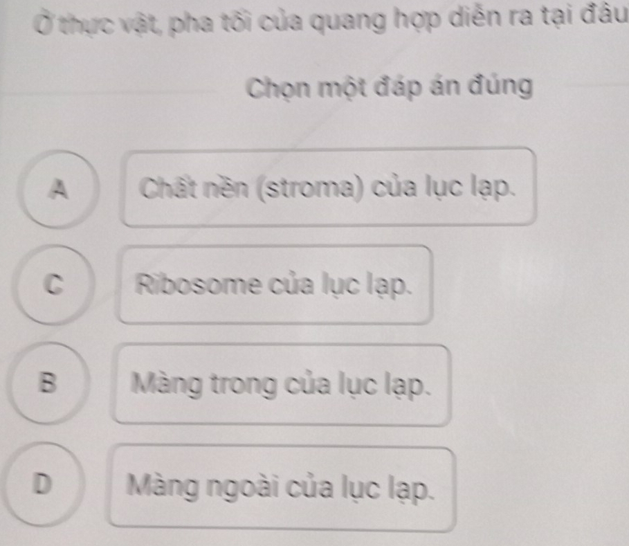 Ở thực vật, pha tối của quang hợp diễn ra tại đầu
Chọn một đáp án đúng
A Chất nền (stroma) của lục lạp.
C Ribosome của lục lạp.
B Màng trong của lục lạp.
D Màng ngoài của lục lạp.