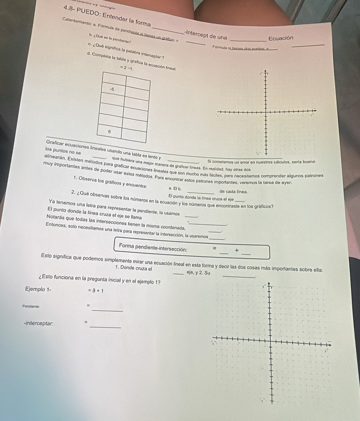 4.8- PUEDO: Entender la forma
_
Calentamiento: a. Fórmula de pendiente si tienes un gráfico ==
-Intercept de una
_Ecuación
_
b. ¿Qué es la pendiente?
órmula si tienes dos puntos: 
c. ¿Qué significa la palabra interceptar ?
d. Completa la tabla y grafica la ecuación lineal
=2-1.
Graficar ecuaciones lineales usando una tabla es lento y
los puntas no s
Si cometemos un error en nuestros cálculos, sería bueno
que hubiera una mejor manera de graficar líneas. En realidad, hay otras dos
alinearán. Existen métodos para graficar ecuaciones lineales que son mucho más fáciles, pero necesitamos comprender algunos patrones
muy importantes antes de poder usar estos métodos. Para encontrar estos patrones importantes, veremos la tarea de ayer.
1. Observa los gráficos y encuentra: a. El b.
de cada línea.
El punto donde la línea cruza el eje
2. ¿Qué observas sobre los números en la ecuación y los números que encontraste en los gráficos?
Ya tenemos una letra para representar la pendiente, la usamos
El punto donde la línea cruza el eje se llama
Notarás que todas las intersecciones tienen la misma coordenada,_
 
Entonces, solo necesitamos una letra para representar la intersección, la usaremos_ _.
_
_
Forma pendiente-intersección: = +
Esto significa que podemos simplemente mirar una ecuación lineal en esta forma y decir las dos cosas más importantes sobre ella:
1. Donde cruza el _eje, y 2. Su_
¿Esto funciona en la pregunta inicial y en el ejemplo 1?
Ejemplo 1- =3+1
_
Pendiente
=
-interceptar: =_