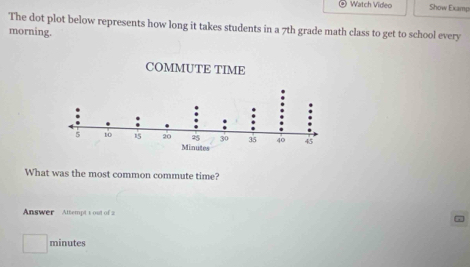 Watch Video Show Examp 
The dot plot below represents how long it takes students in a 7th grade math class to get to school every 
morning. 
What was the most common commute time? 
Answer Attempt s out of 
minutes