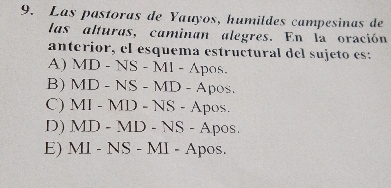 Las pastoras de Yauyos, humildes campesinas de
las alturas, caminan alegres. En la oración
anterior, el esquema estructural del sujeto es:
A) MD-NS-MI-Apos.
B) MD-NS-MD-Apos.
C) MI-MD-NS-Apos.
D) MD-MD-NS-Apos.
E) MI-NS-MI-Apos.