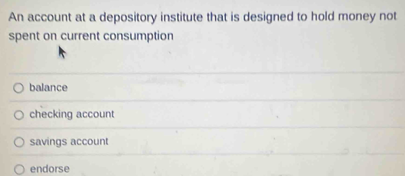 An account at a depository institute that is designed to hold money not
spent on current consumption
balance
checking account
savings account
endorse