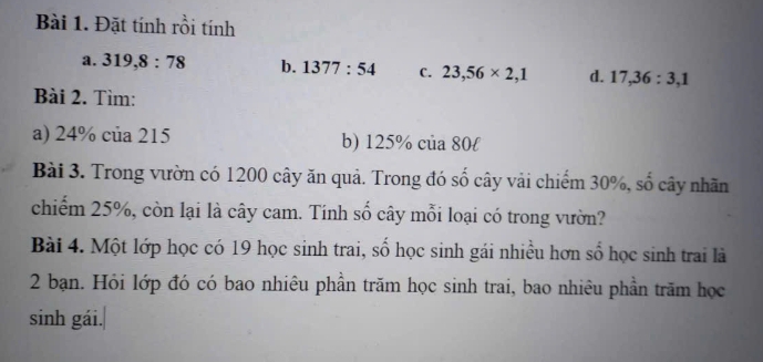 Đặt tính rồi tính 
a. 319, 8:78 b. 1377:54 C. 23, 56* 2, 1 d. 17, 36:3, 1
Bài 2. Tìm: 
a) 24% của 215 b) 125% của 80l
Bài 3. Trong vườn có 1200 cây ăn quả. Trong đó số cây vải chiếm 30%, số cây nhãn 
chiếm 25%, còn lại là cây cam. Tính số cây mỗi loại có trong vườn? 
Bài 4. Một lớp học có 19 học sinh trai, số học sinh gái nhiều hơn số học sinh trai là 
2 bạn. Hỏi lớp đó có bao nhiêu phần trăm học sinh trai, bao nhiêu phần trăm học 
sinh gái.