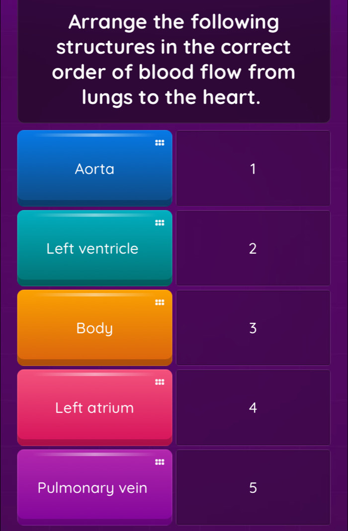 Arrange the following 
structures in the correct 
order of blood flow from 
lungs to the heart. 
::: 
Aorta 1 
;;; 
Left ventricle 2 
;;; 
Body 3 
::: 
Left atrium 4 
Pulmonary vein 5