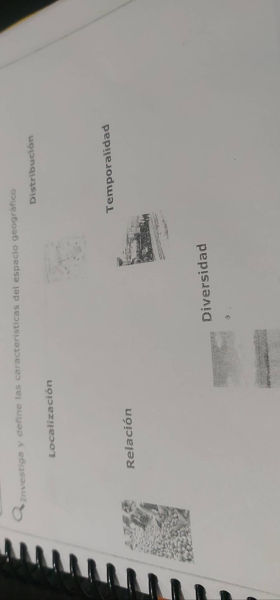a *Investiga y define las características del espacio geográfico
Distribución
Localización
Temporalidad
Relación
Diversidad