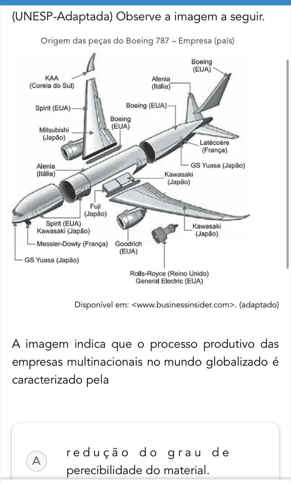 (UNESP-Adaptada) Observe a imagem a seguir. 
Origem das peças do Boeing 787 - Empresa (país) 
Disponível em:. (adaptado) 
A imagem indica que o processo produtivo das 
empresas multinacionais no mundo globalizado é 
caracterizado pela 
redução do grau de 
A 
perecibilidade do material.