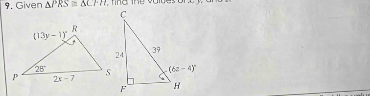 Given △ PRS≌ △ CFH f  n d the vabe s or