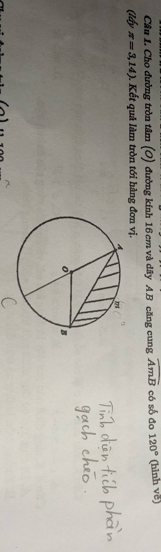 Cho đường tròn tâm (O) đường kính 16 cm và dây AB căng cung widehat AmB có số đo 120° (hình vẽ) 
(lấy π =3,14). Kết quả làm tròn tới hàng đơn vị.