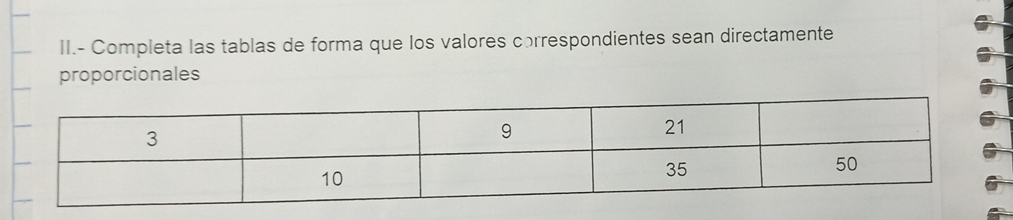 II.- Completa las tablas de forma que los valores correspondientes sean directamente 
proporcionales