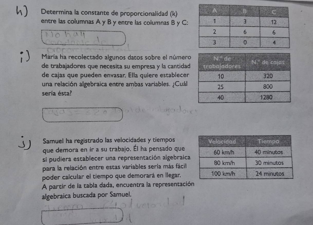 Determina la constante de proporcionalidad (k)
entre las columnas A y B y entre las columnas B y C:
- 1  María ha recolectado algunos datos sobre el número
de trabajadores que necesita su empresa y la cantidad
de cajas que pueden envasar. Ella quiere establecer
una relación algebraica entre ambas variables. ¿Cuál
sería ésta?
j) Samuel ha registrado las velocidades y tiempos
que demora en ir a su trabajo. Él ha pençado que
si pudiera establecer una representación algebraica
para la relación entre estas variables sería más fácil
poder calcular el tiempo que demorará en llegar.
A partir de la tabla dada, encuentra la representación
algebraica buscada por Samuel.