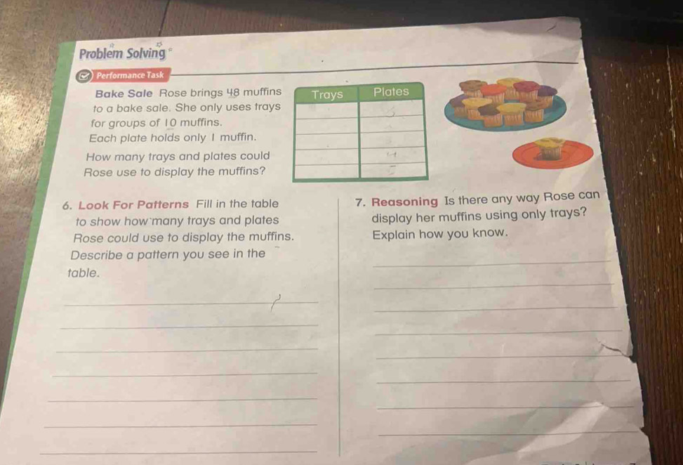 Problem Solving 
 Performance Task 
Bake Sale Rose brings 48 muffins 
to a bake sale. She only uses trays 
for groups of 10 muffins. 
Each plate holds only I muffin. 
How many trays and plates could 
Rose use to display the muffins? 
6. Look For Patterns Fill in the table 7. Reasoning Is there any way Rose can 
to show how many trays and plates display her muffins using only trays? 
Rose could use to display the muffins. Explain how you know. 
_ 
Describe a pattern you see in the 
_ 
table. 
_ 
_ 
_ 
_ 
_ 
_ 
_ 
_ 
_ 
_ 
_ 
_ 
_