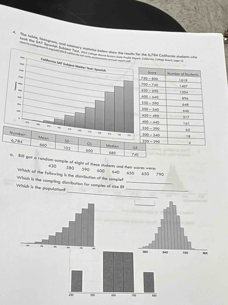 The table, histogram, and summary statistics bthe 6,784 California students who
took the SAT Spanish Subject TColifornia, College Board, page 12
reports collegeboard.org/pd
 
SD Q1
6,784 660
Median Q
102 600
680 740
a. Bill got a random sample of eight of these students and their scores were:
430 580 590 600 640 650 650 790
Which of the following is the distribution of the sample?
_
Which is the sampling distribution for samples of size 8?_
Which is the population?
400 soo 600 700 800