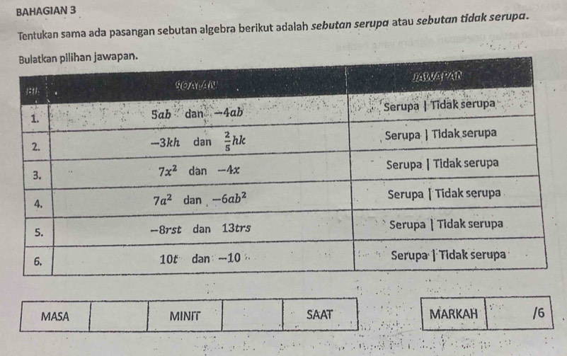 BAHAGIAN 3
Tentukan sama ada pasangan sebutan algebra berikut ədalah sebután serupα atau sebutan tidak serupɑ.
MASA MINIT SAAT MARKAH /6