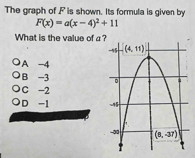 The graph of F is shown. Its formula is given by
F(x)=a(x-4)^2+11
What is the value of α
A -4
B -3
C -2
D -1