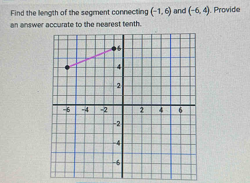 Find the length of the segment connecting (-1,6) and (-6,4). Provide 
an answer accurate to the nearest tenth.