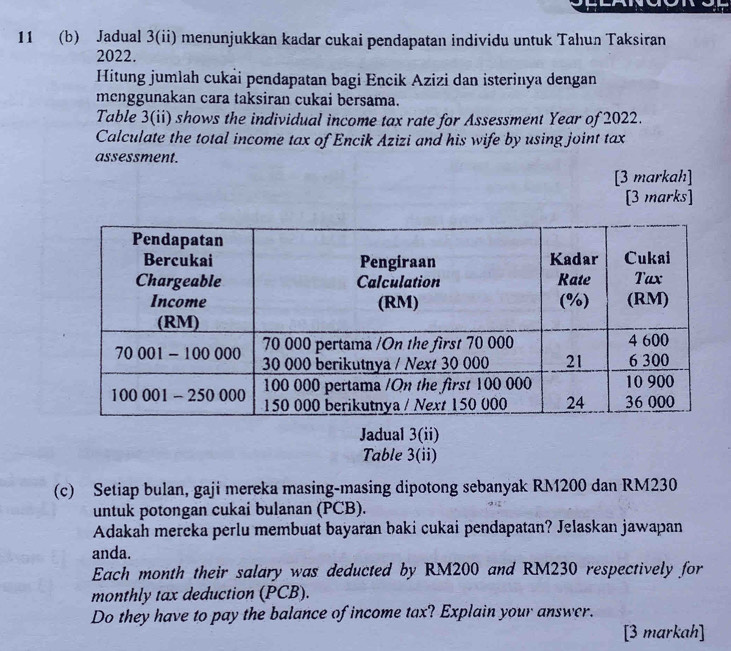 11 (b) Jadual 3(ii) menunjukkan kadar cukai pendapatan individu untuk Tahun Taksiran 
2022. 
Hitung jumlah cukai pendapatan bagi Encik Azizi dan isterinya dengan 
menggunakan cara taksiran cukai bersama. 
Table 3(ii) shows the individual income tax rate for Assessment Year of 2022. 
Calculate the total income tax of Encik Azizi and his wife by using joint tax 
assessment. 
[3 markah] 
[3 marks] 
Jadual 3(ii) 
Table 3(ii) 
(c) Setiap bulan, gaji mereka masing-masing dipotong sebanyak RM200 dan RM230
untuk potongan cukai bulanan (PCB). 
Adakah mercka perlu membuat bayaran baki cukai pendapatan? Jelaskan jawapan 
anda. 
Each month their salary was deducted by RM200 and RM230 respectively for 
monthly tax deduction (PCB). 
Do they have to pay the balance of income tax? Explain your answer. 
[3 markah]