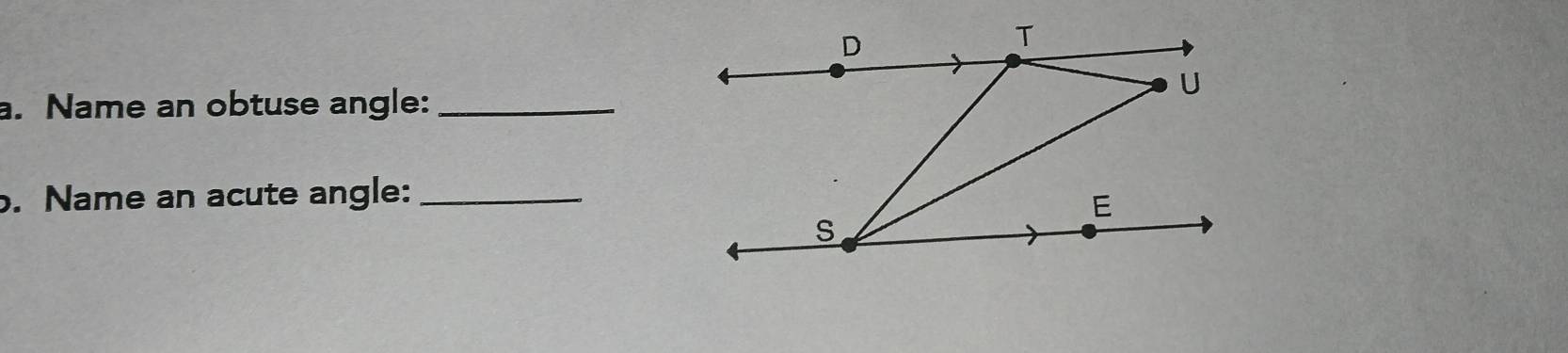 Name an obtuse angle:_ 
b. Name an acute angle:_