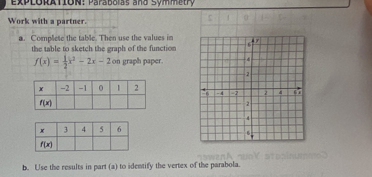 ExPLORATION: Parabolas and Symmetry
Work with a partner.
a. Complete the table. Then use the values in
the table to sketch the graph of the function
f(x)= 1/2 x^2-2x-2 on graph paper.
b. Use the results in part (a) to identify the vertex of the parabola.