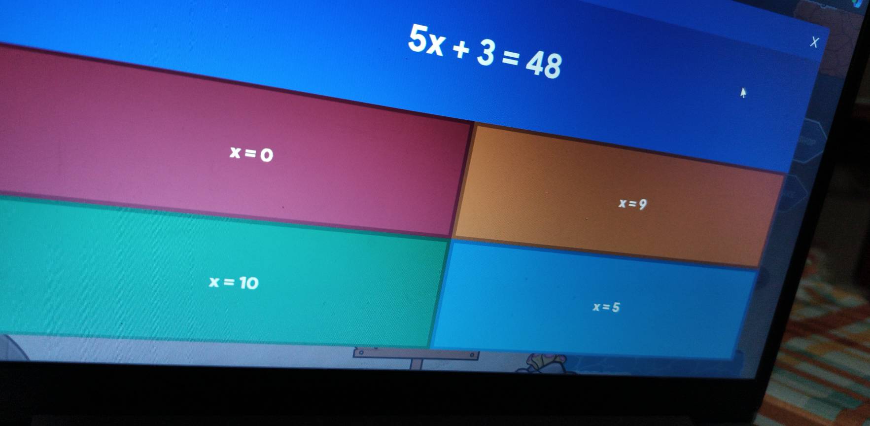 5x+3=48
x=0
x=9
x=10
x=5