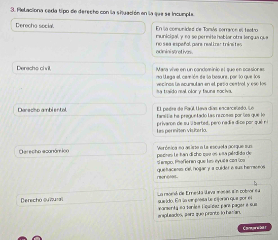 Relaciona cada tipo de derecho con la situación en la que se incumple. 
Derecho social En la comunidad de Tomás cerraron el teatro 
municipal y no se permite hablar otra lengua que 
no sea español para realizar trámites 
administrativos. 
Derecho civil Mara vive en un condominio al que en ocasiones 
no llega el camión de la basura, por lo que los 
vecinos la acumulan en el patio central y eso les 
ha traído mal olor y fauna nociva. 
Derecho ambiental El padre de Raúl lleva días encarcelado. La 
familia ha preguntado las razones por las que le 
privaron de su libertad, pero nadie dice por qué ni 
les permiten visitarlo. 
Derecho económico Verónica no asiste a la escuela porque sus 
padres le han dicho que es una pérdida de 
tiempo. Prefieren que les ayude con los 
quehaceres del hogar y a cuidar a sus hermanos 
menores. 
Derecho cultural La mamá de Ernesto lleva meses sin cobrar su 
sueldo. En la empresa le dijeron que por el 
momento no tenían liquidez para pagar a sus 
empleados, pero que pronto lo harían. 
Comprobar