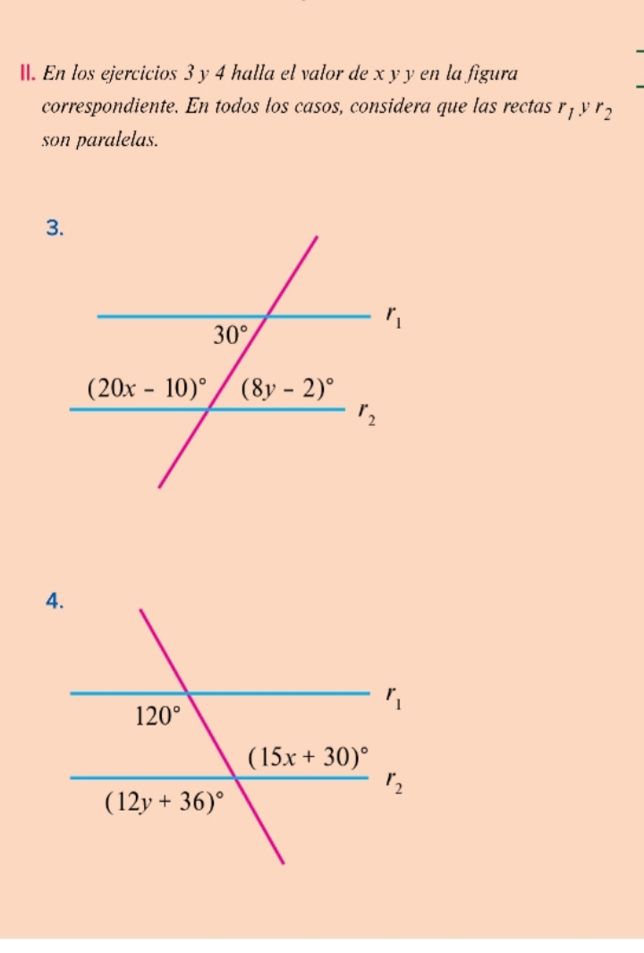 En los ejercicios 3 y 4 halla el valor de x y y en la figura
correspondiente. En todos los casos, considera que las rectas r_1yr_2
son paralelas.