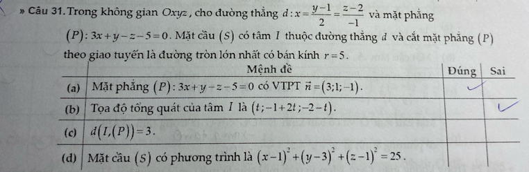 # Câu 31. Trong không gian Oxyz , cho đường thẳng d:x= (y-1)/2 = (z-2)/-1  và mặt phẳng
(P): 3x+y-z-5=0. Mặt cầu (S) có tâm 1 thuộc đường thẳng đ và cắt mặt phẳng (P)
theo giao tuyến là đường tròn lớn nhất có bán kính r=5.