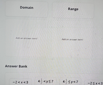 Domain Range
Add an answer item! Add an answer item!
Answer Bank
-2 4 1/2  4 1/2 ≤ y<7</tex> -2≤ x<3</tex>