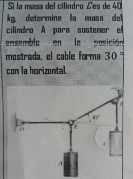 Si la masa del cilindro ८es de 40
kg, determine la masa del 
cilindro A para sostener el 
ensemble en la posición 
mostrada, el cable forma 30°
con la horizontal. 

8