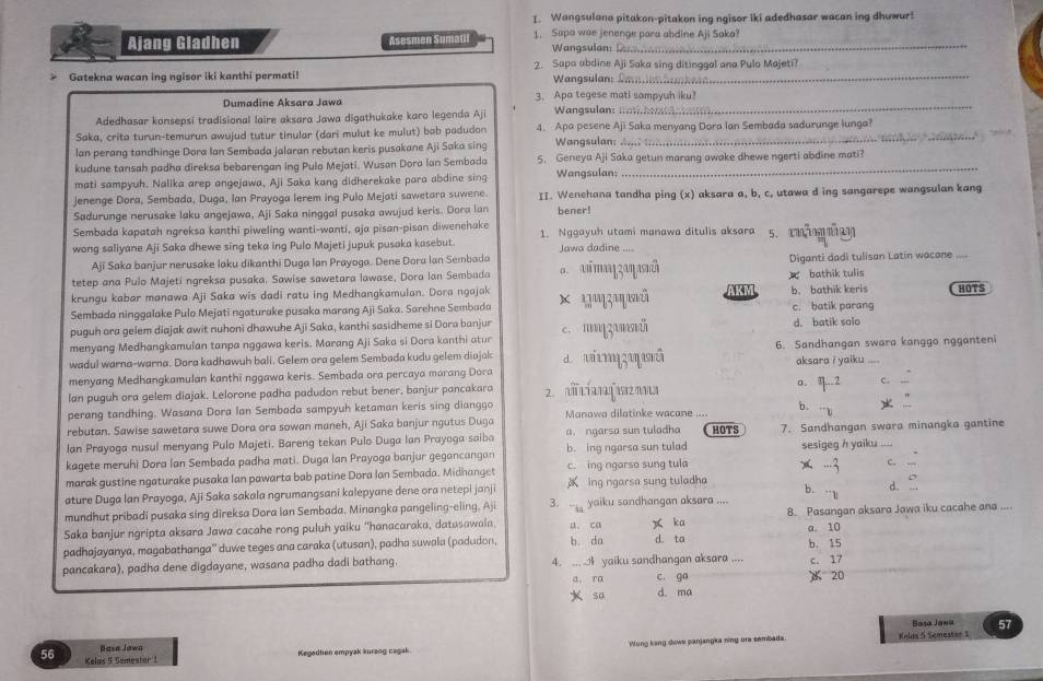 Wangsulana pitakon-pitakon ing ngisor iki adedhasar wacan ing dhuwur!
Ajang Gladhen Asesmen Sumatil 1. Sapa wae jenenge para abdine Aji Saka?
Wangsulan:
2. Sapa abdine Aji Saka sing ditinggal ana Pulo Majeti?
> Gatekna wacan ing ngisor iki kanthi permati! Wangsulan:_
_
Dumadine Aksara Jawa 3. Apa tegese mati sampyuh iku?
Adedhasar konsepsi tradisional laire aksara Jawa digathukake karo legenda Aji  Wangsulan: ;....;
Saka, crita turun-temurun awujud tutur tinular (dari mulut ke mulut) bab padudon 4. Apa pesene Aji Saka menyanq Dora Ian Sembada sadurunge lunga?
lan perang tandhinge Dora Ian Sembada jalaran rebutan keris pusakane Aji Saka sing Wangsulan: ..
kudune tansah padha direksa bebarengan ing Pula Mejati. Wusan Dora Ian Sembada 5. Geneya Aji Saka getun marang awake dhewe ngerti abdine mati?
mati sampyuh. Nalika arep angejawa, Aji Saka kang didherekake para abdine sing Wangsulan:
Jenenge Dora, Sembada, Duga, Ian Prayoga lerem ing Pulo Mejati sawetara suwene II. Wenehana tandha ping (x) aksara a, b, c, utawa d ing sangarepe wangsulan kang
Sadurunge nerusake laku angejawa, Aji Saka ninggal pusaka awujud keris. Dora lan bener!
Sembada kapatah ngreksa kanthi piweling wanti-wanti, aja pisan-pisan diwenehake
wong saliyane Aji Saka dhewe sing teka ing Pulo Majeti jupuk pusaka kasebut. 1. Nggayuh utami manawa ditulis aksara 5. cmmmay
Jawa dadine ....
Aji Saka banjur nerusake laku dikanthi Duga Ian Prayoga. Dene Dora Ian Sembada Diganti dadi tulisan Latin wacone ....
tetep ana Pulo Majeti ngreksa pusaka, Sawise sawetara lawase, Dora Ian Sembada
krungu kabar manawa Aji Saka wis dadi ratu ing Medhangkamulan. Dora ngajak  bathik tulis b. bathik keris HOTS
Sembada ninggalake Pulo Mejati ngaturake pusaka marang Aji Saka. Sarehne Sembada × ŋu² ७å
puguh ora gelem diajak awit nuhoni dhawuhe Aji Saka, kanthi sasidheme si Dora banjur c. batik parang d. batik solo
menyang Medhangkamulan tanpa nggawa keris. Marang Aji Saka si Dora kanthi atur c. mŋzunnй
wadul warna-warna. Dora kadhawuh bali. Gelem ora gelem Sembada kudu gelem diajak aksara i yaiku ....
menyang Medhangkamulan kanthi nggawa keris. Sembada ora percaya marang Dora d. vinqzuquǖ 6. Sandhangan swara kanggo ngganteni
lan puguh ora gelem diajak. Lelorone padha padudon rebut bener, banjur pancakara
a. η..2 c.
perang tandhing. Wasana Dora Ian Sembada sampyuh ketaman keris sing dianggo
b.
rebutan. Sawise sawetara suwe Dora ora sowan maneh, Aji Saka banjur ngutus Duga Manawa dilatinke wacane .... HOTS 7. Sandhangan swara minangka gantine
lan Prayoga nusul menyang Pulo Majeti. Bareng tekan Pulo Duga Ian Prayoga saiba a. ngarso sun tulodha
kagete meruhi Dora Ian Sembada padha mati. Duga Ian Prayoga banjur gegancangan b. ing ngarsa sun tulad sesigeg h yaiku ....
marak gustine ngaturake pusaka Ian pawarta bab patine Dora Ian Sembada. Midhanget c. ing ngarso sung tula
-3 c. ...
ature Duga Ian Prayoga, Aji Saka sakala ngrumangsani kalepyane dene ora netepi janji  ing ngarsa sung tuladha
b. - d. 
mundhut pribadi pusaka sing direksa Dora ian Sembada. Minangka pangeling-eling. Aji 3. .   yaiku sandhangan aksara ....
Saka banjur ngripta aksara Jawa cacahe rong puluh yaiku 'hanacaraka, datasawaia, a. ca x ka d. ta 8. Pasangan aksara Jawa iku cacahe ana ...
padhajayanya, magabathanga'' duwe teges ana caraka (utusan), padha suwala (padudon b. da a. 10 b. 15
pancakara), padha dene digdayane, wasana padha dadi bathang. 4. ... A yaiku sandhangan aksara ....  20 c. 17
a. ro c. ga
sa d. ma
Basa Jana
Wong kang dowe panjangka ning ora sembada Kolas 5 Semester 1 57
Basa Jawa Kegedhen empyak kurang cagak.
56 Kelos 5 Samester 1