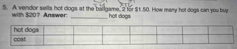 A vendor sells hot dogs at the ballgame, 2 for $1.50. How many hot dogs can you buy 
with $20? Answer: _hot dogs