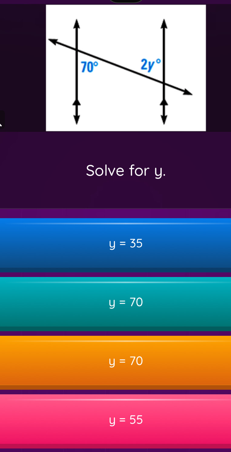 Solve for y.
y=35
y=70
y=70
y=55