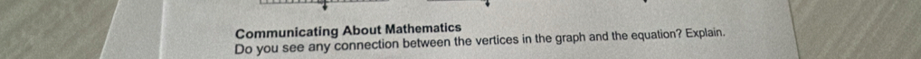 Communicating About Mathematics 
Do you see any connection between the vertices in the graph and the equation? Explain.