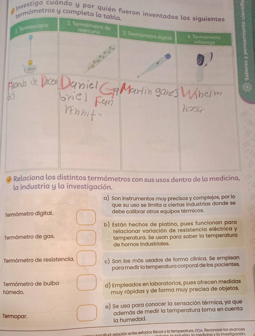 Investiga cuándo y por quién 
o
* Reómetros con sus usos dentro de la medica,
la industria y la investigación.
a) Son instrumentos muy precisos y complejos, por lo
que su uso se limita a ciertas industrias donde se
Termómetro digital. debe calibrar otros equipos térmicos.
b) Están hechos de platino, pues funcionan para
relacionar variación de resistencia eléctrica y
Termómetro de gas.
temperatura. Se usan para saber la temperatura
de hornos industriales.
Termómetro de resistencia.
c) Son los más usados de forma clínica. Se emplean
para medir la temperatura corporal de los pacientes.
Termómetro de bulbo
d) Empleados en laboratorios, pues ofrecen medidas
húmedo.
muy rápidas y de forma muy precisa de objetos.
e) Se usa para conocer la sensación térmica, ya que
Termopar. además de medir la temperatura toma en cuenta
Ia humedad.
naitud: relación entre estados físicos y la temperatura. PDA. Reconoce los avances
Istria la medicina y la investigación.