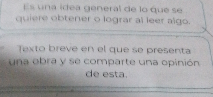 Es una idea general de lo que se 
quiere obtener o lograr al leer algo. 
Texto breve en el que se presenta 
una obra y se comparte una opinión 
de esta.