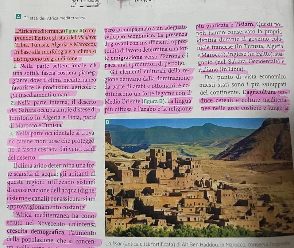 SC AL A 1 :  35 000 00 600
km
A Gli stati dell'Africa mediterranea.
L'Africa mediterranea (figura A) com- peró accompagnato a un adeguato più praticata è l'islam. Questi po
prende l'Egitto e gli stati del Maghreb sviluppo economico. La presenza poli hanno conservato la propria
(Libia, Tunisia, Algeria e Marocco) di giovani con insufficienti oppor identità durante il governo colo-
In base alla morfologia e al clima si tunità di lavoro determina una for niale francese (in Tunisia, Algeria
distinguono tre grandi zone. te emigrazione verso l'Europa e i e Marocco), inglese (in Egitto), spa-
1. Nella parte settentrionale c'è paesi arabi produttori di petrolio. gnolo (nel Sahara Occidentale) e
una sottile fascia costiera pianeg-  Gli elementi culturali della re italiano (in Libia).
giante, dove il clima mediterraneo gione derivano dalla dominazione Dal punto di vista economico
favorisce le produzioni agricole e da parte di arabi e ottomani, e co- questi stati sono i più sviluppati
gli insediamenti umani. stituiscono un forte legame con il del continente. Lagricoltura pro
2. Nella parte interna, il deserto Medio Oriente (figura B). La lingua duce cereali e colture mediterra-
del Sahara occupa ampie distese di più diffusa è l'arabo e la religione nee nelle aree costiere e lungo la
territorio in Algeria e Libia, parte
di Marocco e Tunisia.
3. Nella parte occidentale si trova-
no catene montuose che proteggo-
no la fascia costiera dai venti caldi
del deserto.
Il clima arido determina una for
te scarsità di acqua; gli abitanti di
queste regioni utilizzano sistemi
di conservazione dell’acqua (dighe
cisterne e canali) per assicurarsi un
approvvigionamento costante.
L'Africa mediterranea ha cono
sciuto nel Novecento unintensa
crescita demografica; l'aumento
della popolazione, che si concen- Lo ksør (antica città fortificata) di Ait Ben Haddou, in Marocco, conserva limpresta