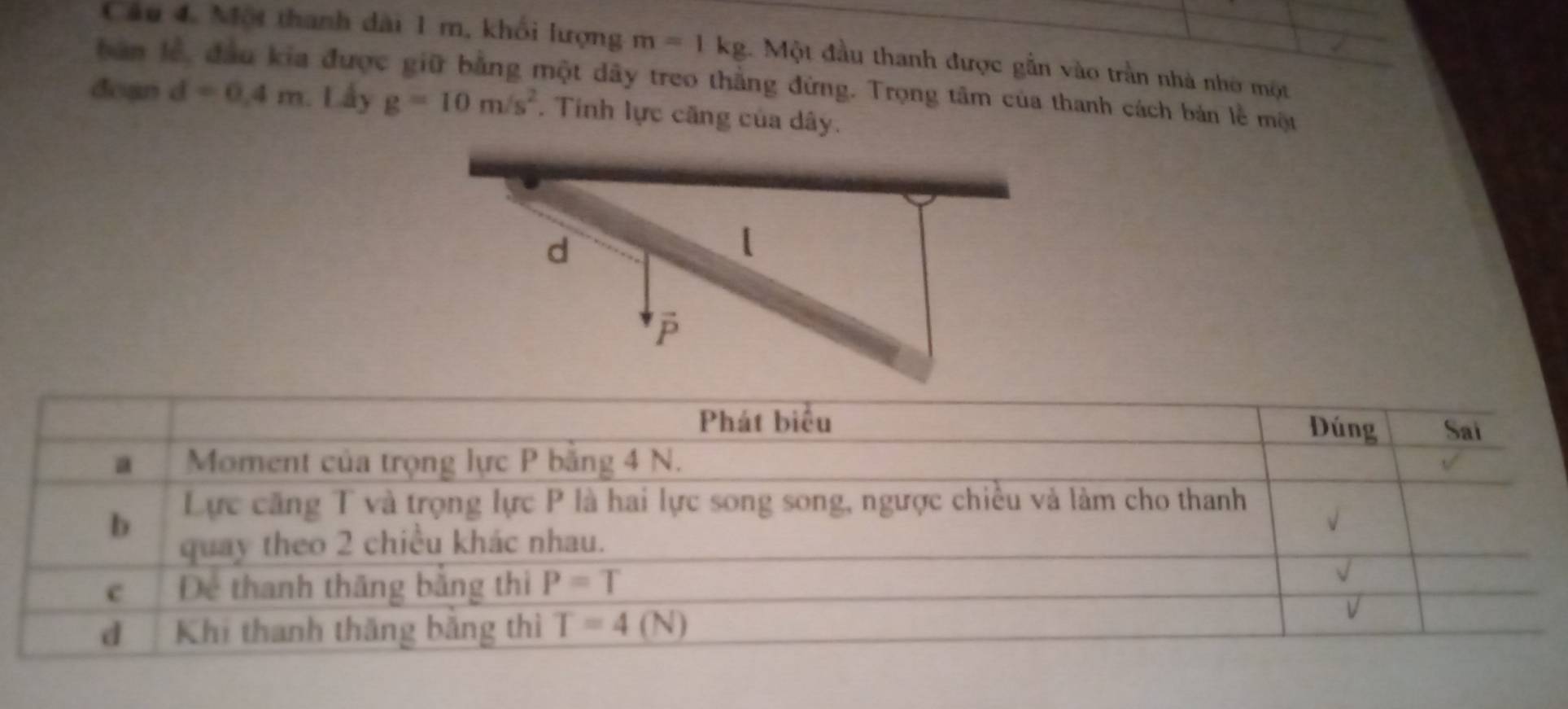 Một thanh dài 1 m, khối lượng m=1kg. Một đầu thanh được gẫn vào trần nhà nhớ một
bản lễ, đầu kia được giữ bằng một dây treo thắng đừng. Trọng tâm của thanh cách bản lễ một
doan d=0.4m Lấy g=10m/s^2. Tính lực căng của dây.