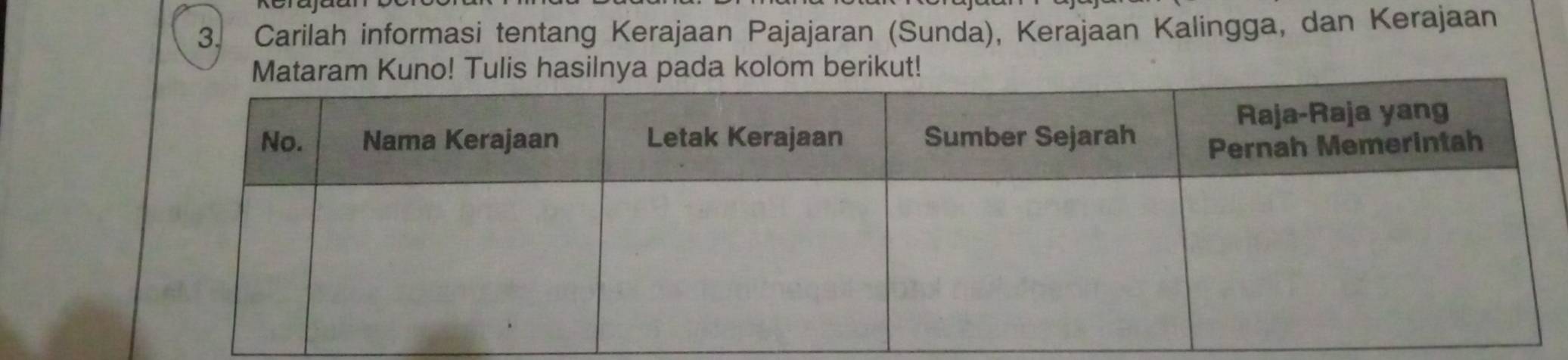 Carilah informasi tentang Kerajaan Pajajaran (Sunda), Kerajaan Kalingga, dan Kerajaan 
Mataram Kuno! Tulis hasilnya pada kolom berikut!