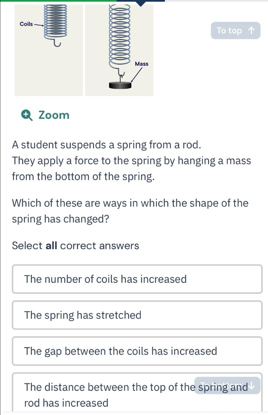 Solved: Coils To top Mass Zoom A student suspends a spring from a rod ...