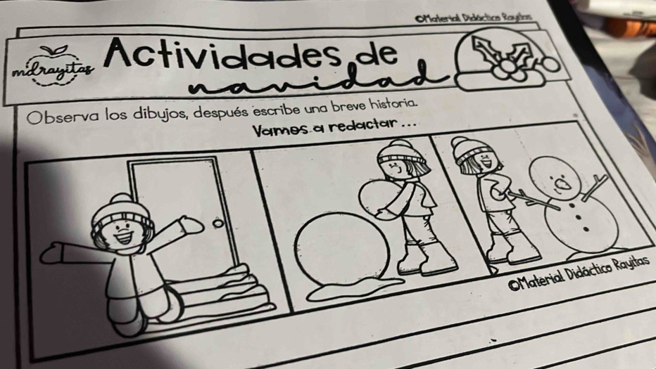 ONaterial Didáctics Rayetos 
mdrayi 
Actividades de 
Observa los dibujos, después escribe una breve historia. 
Vamos a redactar ... 
OMaterial Didáctico Rayitas