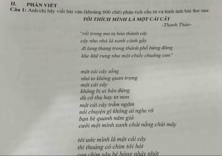 phàn viÉt 
Câu 1: Anh/chị hãy viết bài văn (khoảng 600 chữ) phân tích cấu tứ và hình ảnh bài thơ sau: 
tôi thích mình là một cải cây 
=Thanh Thảo= 
'rồi trong mơ ta hóa thành cây 
cây nho nhỏ lá xanh cành gầy 
đi lang thang trong thành phố hừng đông 
khe khẽ rung như một chiếc chuông con'' 
một cái cây sống 
nhỏ to không quan trọng 
một cái cây 
không bị ai bán đứng 
dù cổ thụ hay tơ non 
một cái cây trầm ngâm 
nói chuyện gì không ai nghe rõ 
bạn bè quanh năm gió 
cười một mình xanh chút nắng chút mây 
tôi ước mình là một cái cây 
thi thoảng có chim tới hót 
con chim sâu bé bỏng nhảy nhót