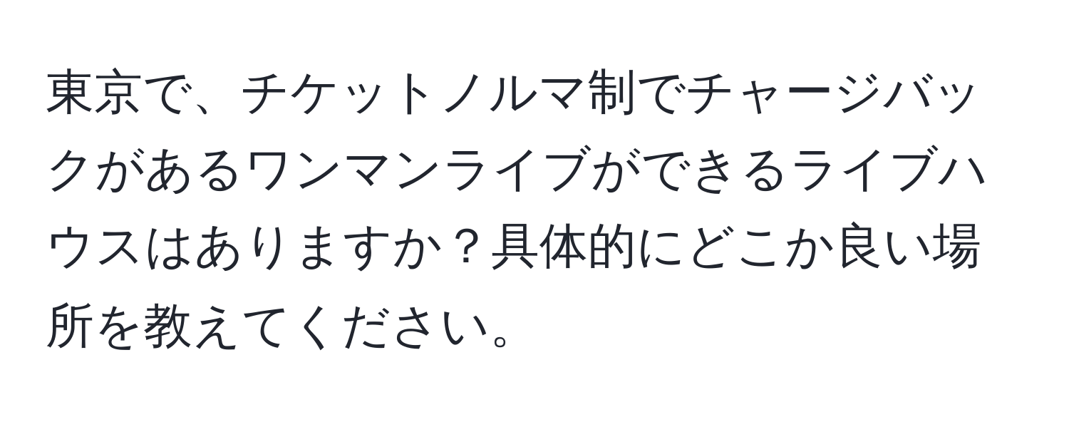 東京で、チケットノルマ制でチャージバックがあるワンマンライブができるライブハウスはありますか？具体的にどこか良い場所を教えてください。