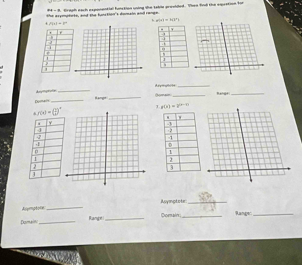 #4 - 9. Graph each exponential function using the table provided. Then find the equation for 
the asymptote, and the function's domain and range. 
5. g(x)=3(2^x)
4. f(x)=2^x
a 
Asymptote:_ 
Asymptote:_ Range_ 
Domain: _Range:_ Domain:_ 
7、 g(x)=2^((x-1))
f(x)=( 1/2 )^x
_ 
Asymptote:_ 
Asymptote: 
Range:_ Domain:_ 
Range:_ 
Domain:_