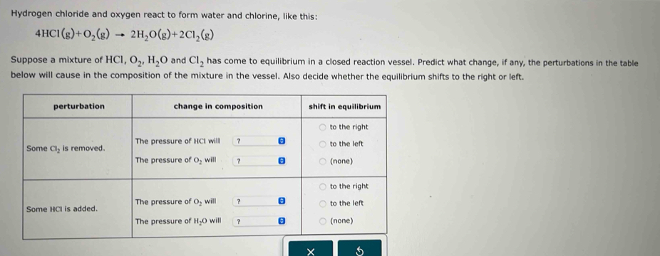 Hydrogen chloride and oxygen react to form water and chlorine, like this:
4HCl(g)+O_2(g)to 2H_2O(g)+2Cl_2(g)
Suppose a mixture of HCl,O_2,H_2O and Cl_2 has come to equilibrium in a closed reaction vessel. Predict what change, if any, the perturbations in the table
below will cause in the composition of the mixture in the vessel. Also decide whether the equilibrium shifts to the right or left.