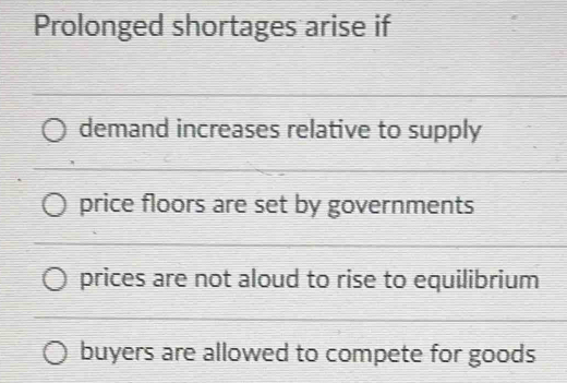Solved: Prolonged shortages arise if demand increases relative to ...