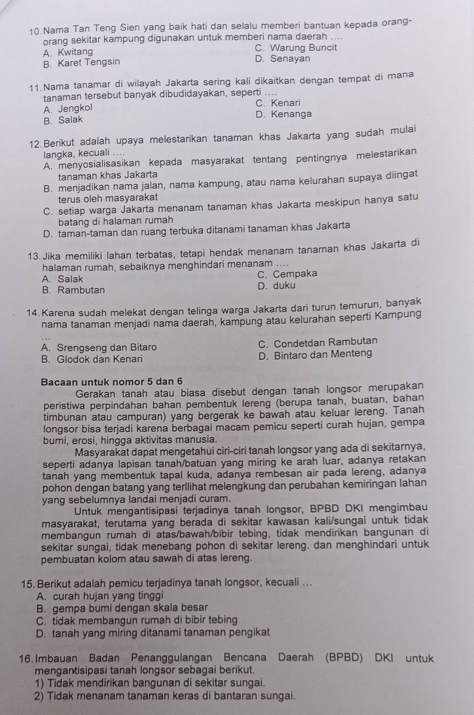 Nama Tan Teng Sien yang baik hati dan selalu memberi bantuan kepada orang-
orang sekitar kampung digunakan untuk memberi nama daerah ....
A. Kwitang C. Warung Buncit
B. Karet Tengsin D. Senayan
11.Nama tanamar di wilayah Jakarta sering kali dikaitkan dengan tempat di mana
tanaman tersebut banyak dibudidayakan, seperti ...
A. Jengkol
C. Kenari
D. Kenanga
B. Salak
12. Berikut adalah upaya melestarikan tanaman khas Jakarta yang sudah mulai
langka, kecuali ...
A. menyosialisasikan kepada masyarakat tentang pentingnya melestarikan
tanaman khas Jakarta
B. menjadikan nama jalan, nama kampung, atau nama kelurahan supaya diingat
terus oleh masyarakat
C. setiap warga Jakarta menanam tanaman khas Jakarta meskipun hanya satu
batang di halaman rumah
D. taman-taman dan ruang terbuka ditanami tanaman khas Jakarta
13.Jika memiliki lahan terbatas, tetapi hendak menanam tanaman khas Jakarta di
halaman rumah, sebaiknya menghindari menanam ....
A. Salak C. Cempaka
B. Rambutan D. duku
14. Karena sudah melekat dengan telinga warga Jakarta dari turun temurun, banyak
nama tanaman menjadi nama daerah, kampung atau kelurahan seperti Kampung
A. Srengseng dan Bitaro C. Condetdan Rambutan
B. Glodok dan Kenari D. Bintaro dan Menteng
Bacaan untuk nomor 5 dan 6
Gerakan tanah atau biasa disebut dengan tanah longsor merupakan
peristiwa perpindahan bahan pembentuk lereng (berupa tanah, buatan, bahan
timbunan atau campuran) yang bergerak ke bawah atau keluar lereng. Tanah
longsor bisa terjadi karena berbagai macam pemicu seperti curah hujan, gempa
bumi, erosi, hingga aktivitas manusia.
Masyarakat dapat mengetahui ciri-ciri tanah longsor yang ada di sekitarnya,
seperti adanya lapisan tanah/batuan yang miring ke arah luar, adanya retakan
tanah yang membentuk tapal kuda, adanya rembesan air pada lereng, adanya
pohon dengan batang yang terllihat melengkung dan perubahan kemiringan lahan
yang sebelumnya landai menjadi curam.
Untuk mengantisipasi terjadinya tanah longsor, BPBD DKI mengimbau
masyarakat, terutama yang berada di sekitar kawasan kali/sungai untuk tidak
membangun rumah di atas/bawah/bibir tebing, tidak mendirikan bangunan di
sekitar sungai, tidak menebang pohon di sekitar lereng. dan menghindari untuk
pembuatan kolom atau sawah di atas lereng.
15. Berikut adalah pemicu terjadinya tanah longsor, kecuali ...
A. curah hujan yang tinggi
B. gempa bumi dengan skala besar
C. tidak membangun rumah di bibir tebing
D. tanah yang miring ditanami tanaman pengikat
16. Imbauan Badan Penanggulangan Bencana Daerah (BPBD) DKI untuk
mengantisipasi tanah longsor sebagai berikut.
1) Tidak mendirikan bangunan di sekitar sungai.
2) Tidak menanam tanaman keras di bantaran sungai.