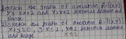 sketch the graph of arelation R= (x,y) :
y≥slant -3x+2 and y>x+2 Idetermine domain and 
Range 
bskeacy tue graph of arelation R= (x,y)
x+y≥slant 0,y-x≤ 1, x≥slant 2 determink alomain 
and Range * 1 x≤ 2